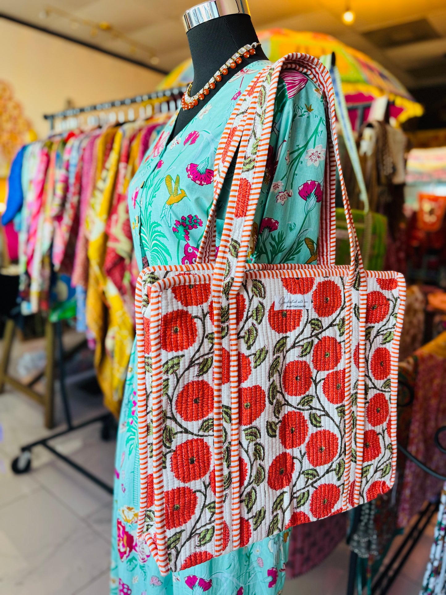 Crimson Orchard Tote – Handmade Quilted Cotton Bag | Red Fruit Print Market Tote