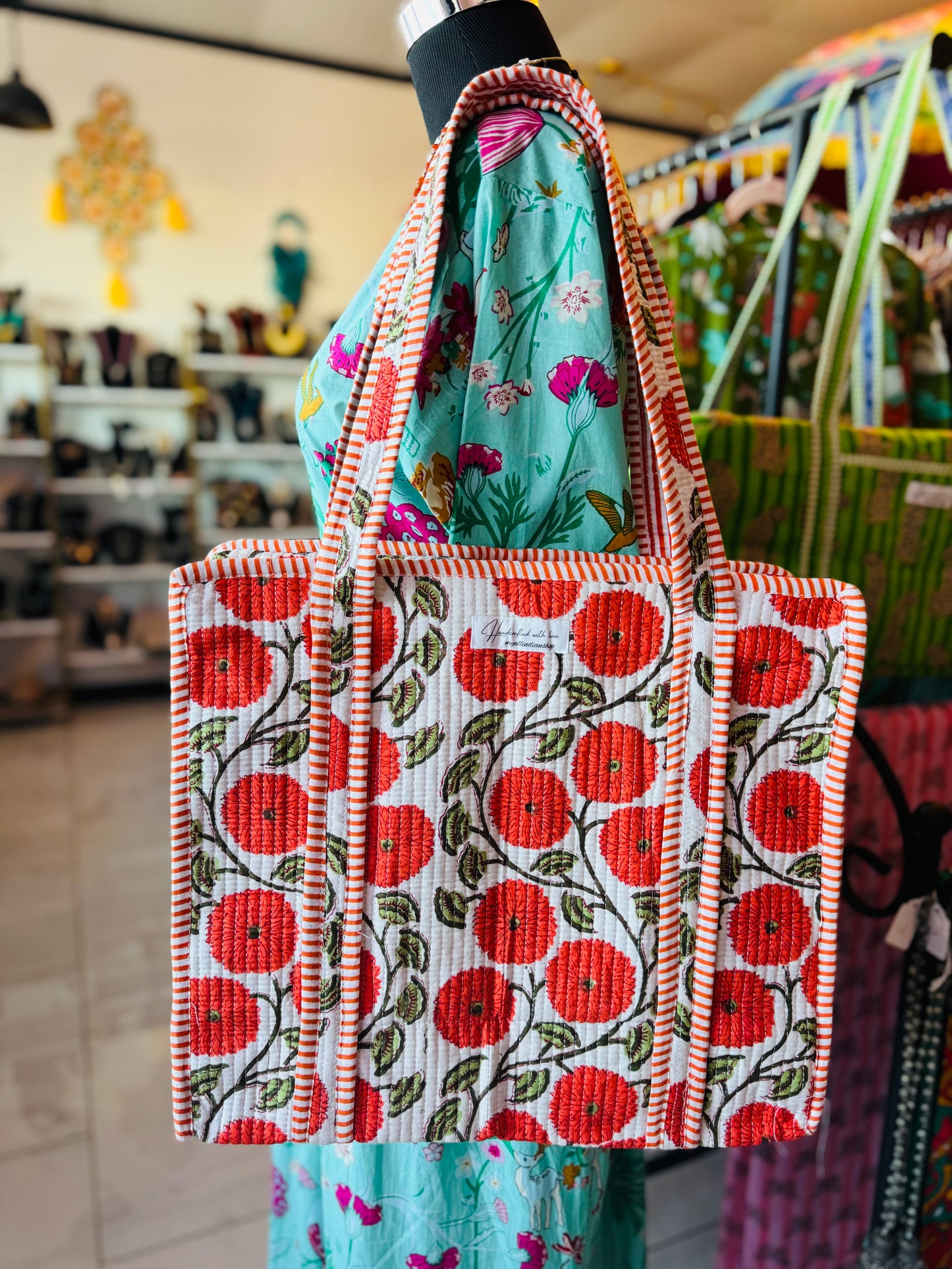 Crimson Orchard Tote – Handmade Quilted Cotton Bag | Red Fruit Print Market Tote