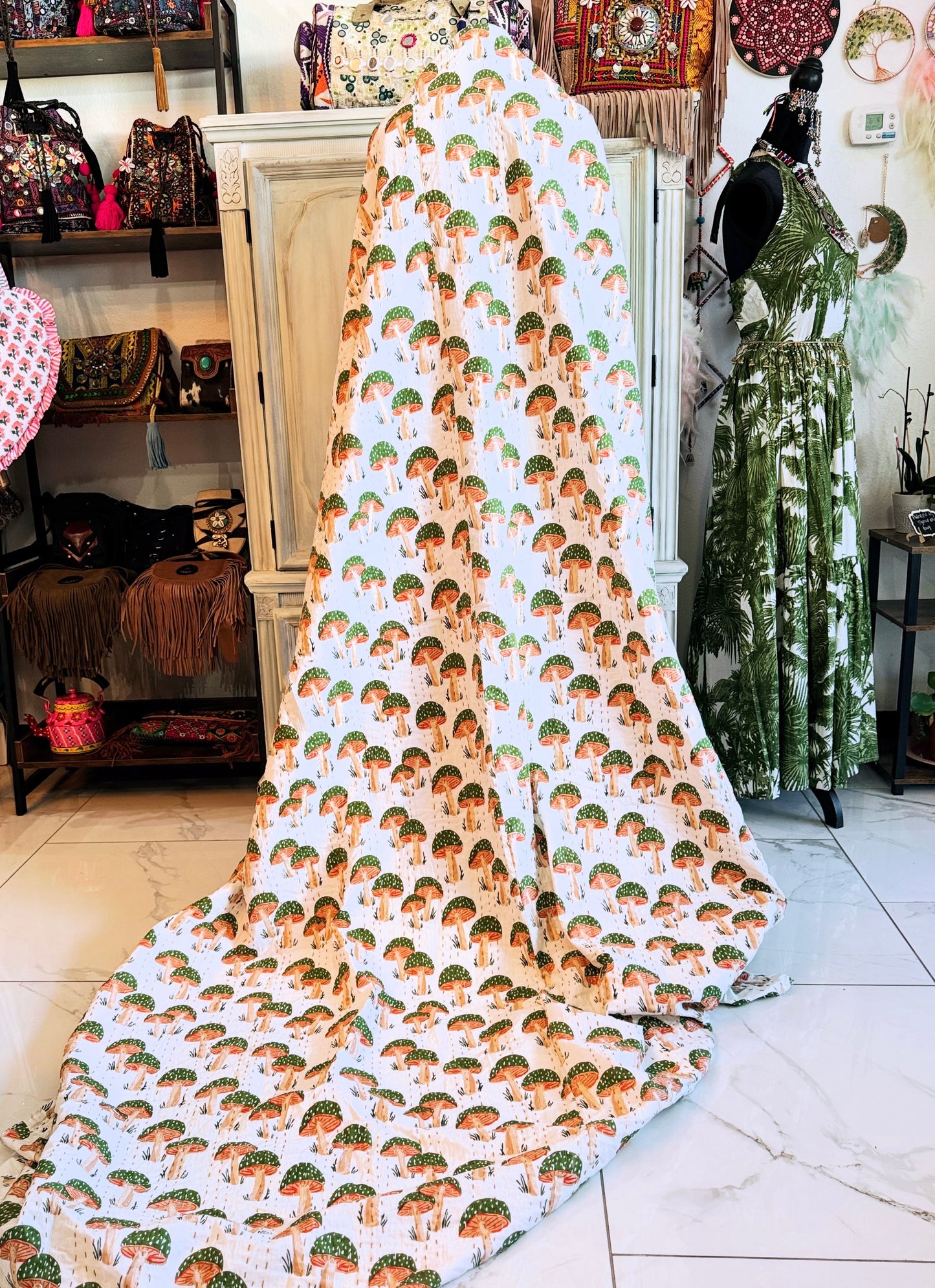 Mushroom Forest Kantha Quilt - 100% Cotton Handmade Blanket | Handblock Print Bedspread (90x110)