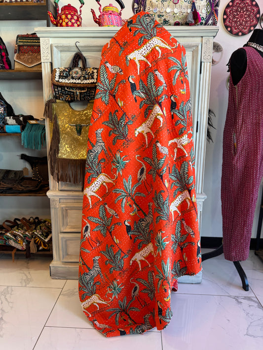 Jungle Print- Orange- Handblock Printed Kantha Quilt | Cotton | Handmade