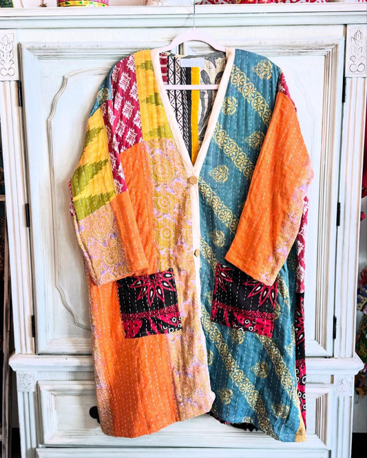 Reversible Kantha Kimono front side in multiple colors with black pockets and hand stitched kantha details
