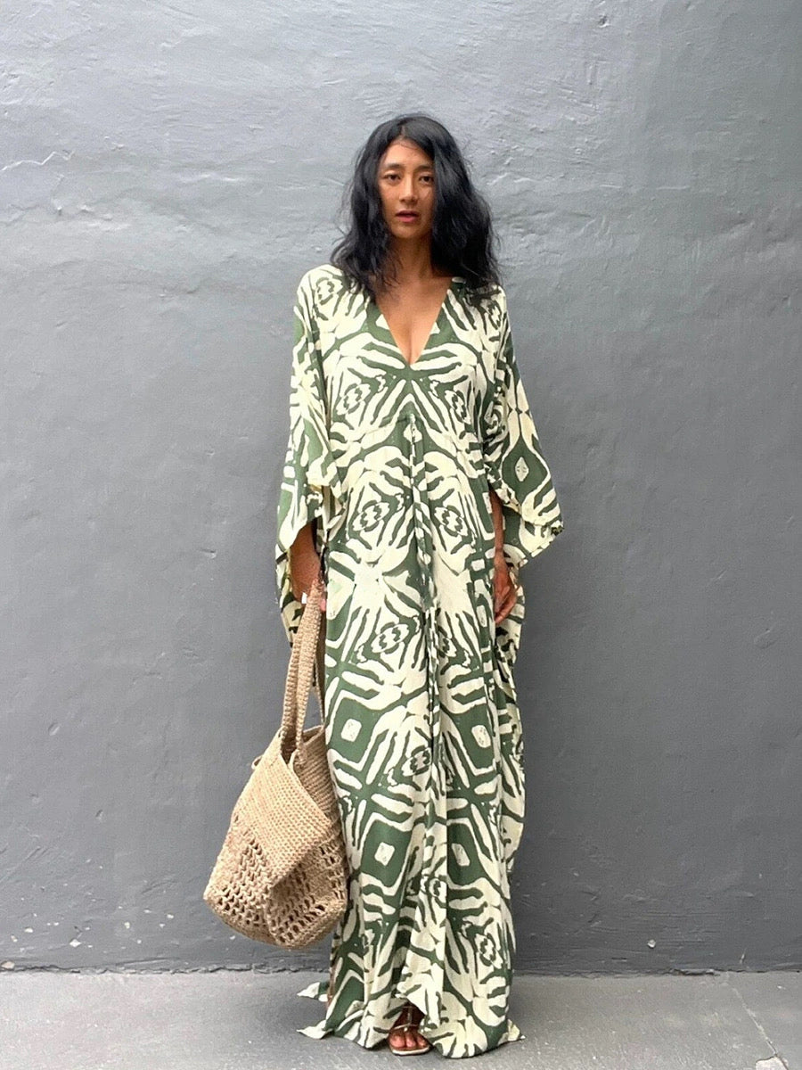 Sage Tribal Drawstring Kaftan – Adjustable Waist, Soft & Elegant