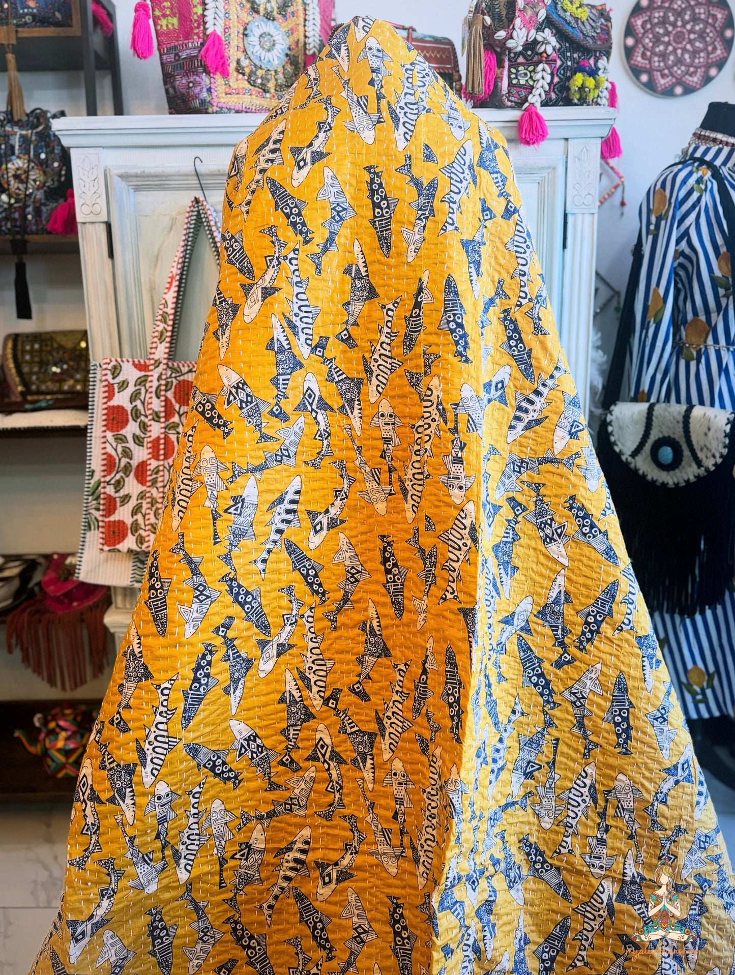 Mustard Shoal | Tribal Shark Print Kantha Quilt | 100% Cotton | Handmade | 90x110” Queen/King