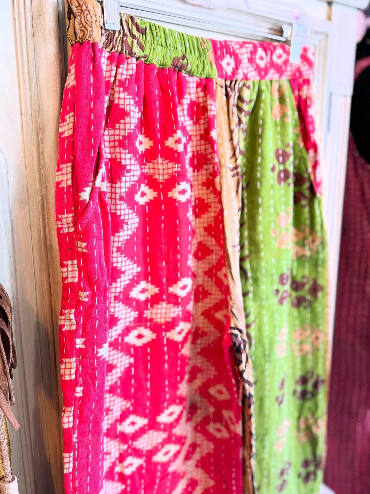 Pink & Olive Bloom – Handmade Kantha Cotton Pants | Wide Leg Boho Trousers