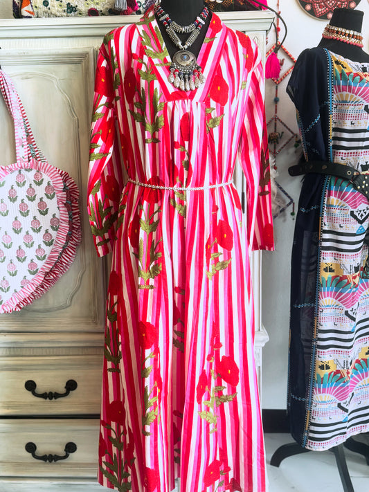 Hand Block Printed Cotton Midi Dress with Pockets – Pink Stripe Floral | One Size