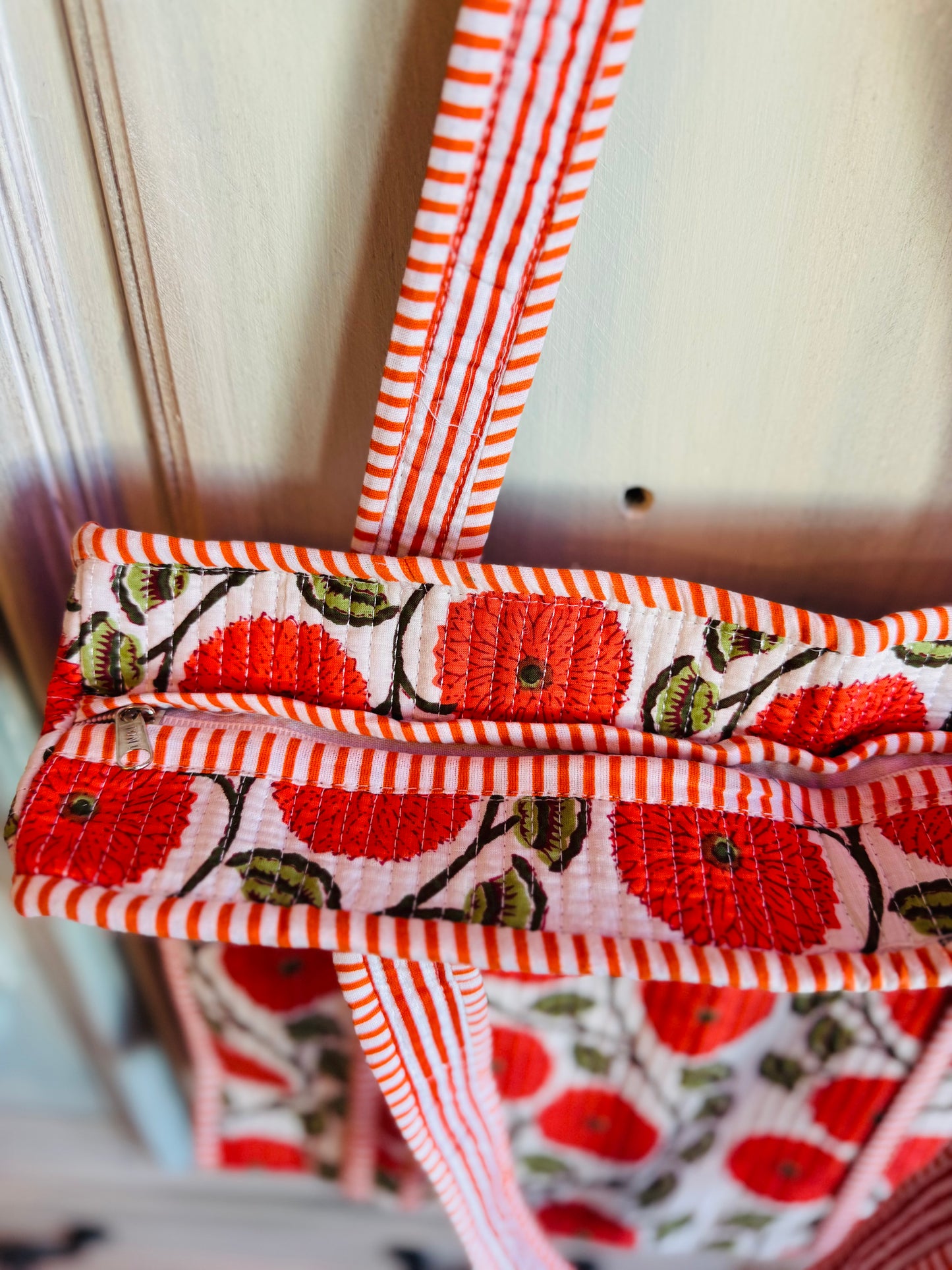Crimson Orchard Tote – Handmade Quilted Cotton Bag | Red Fruit Print Market Tote