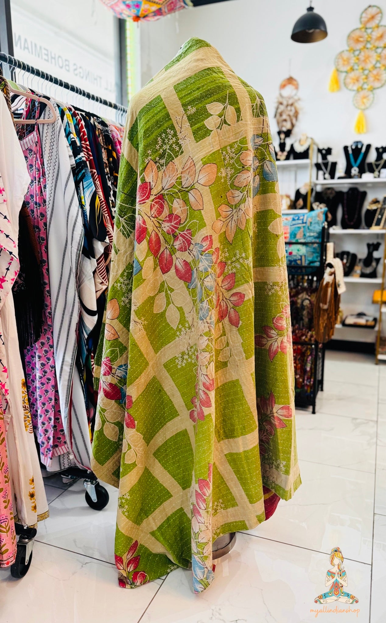 Peacock Feather Saree Kantha Quilt – Twin Size - Throw Blanket