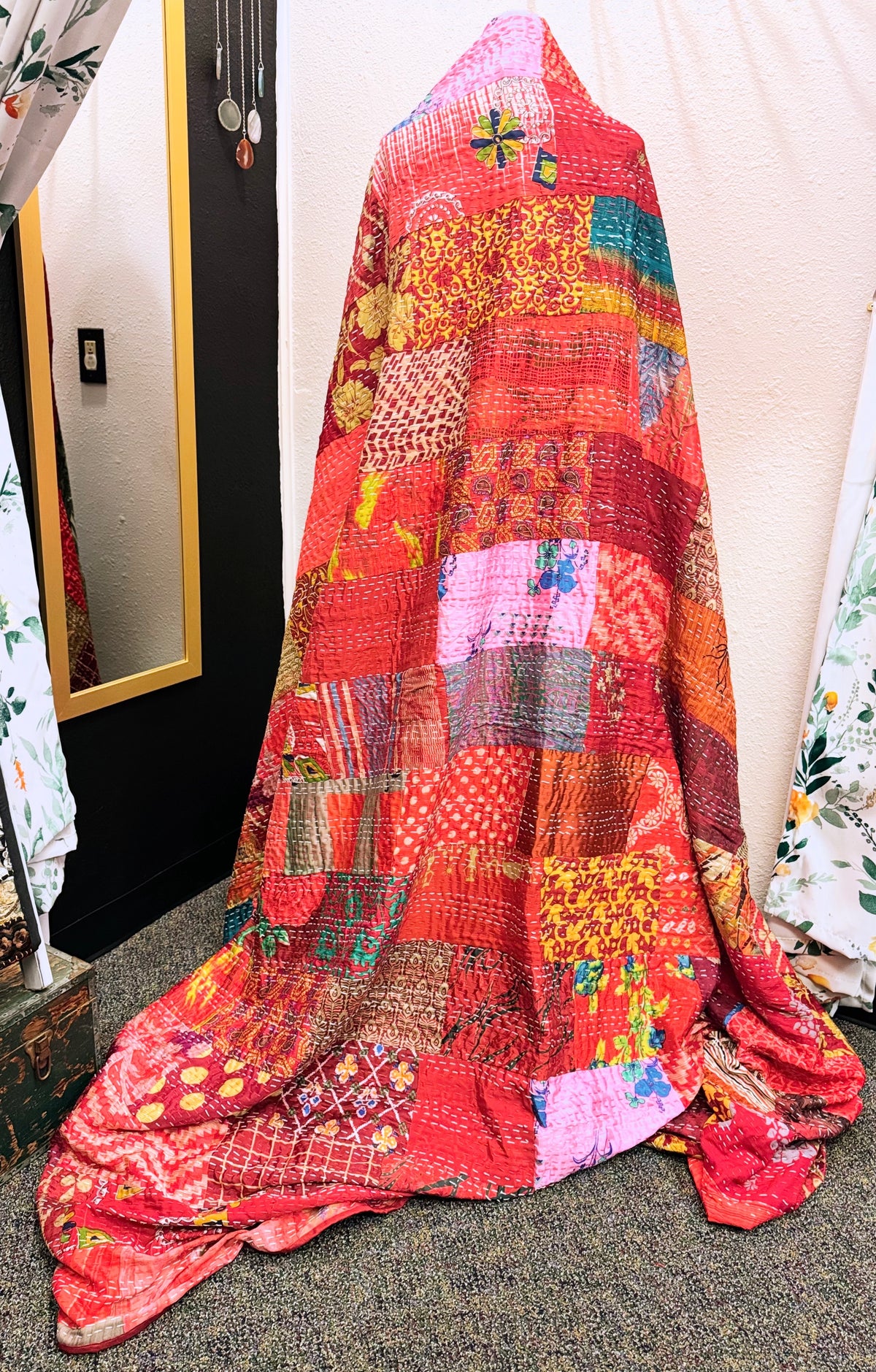 Silk Patchwork Kantha Quilt - Red- Handmade | Silk | Cotton | Queen | King