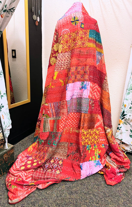Silk Patchwork Kantha Quilt - Red- Handmade | Silk | Cotton | Queen | King