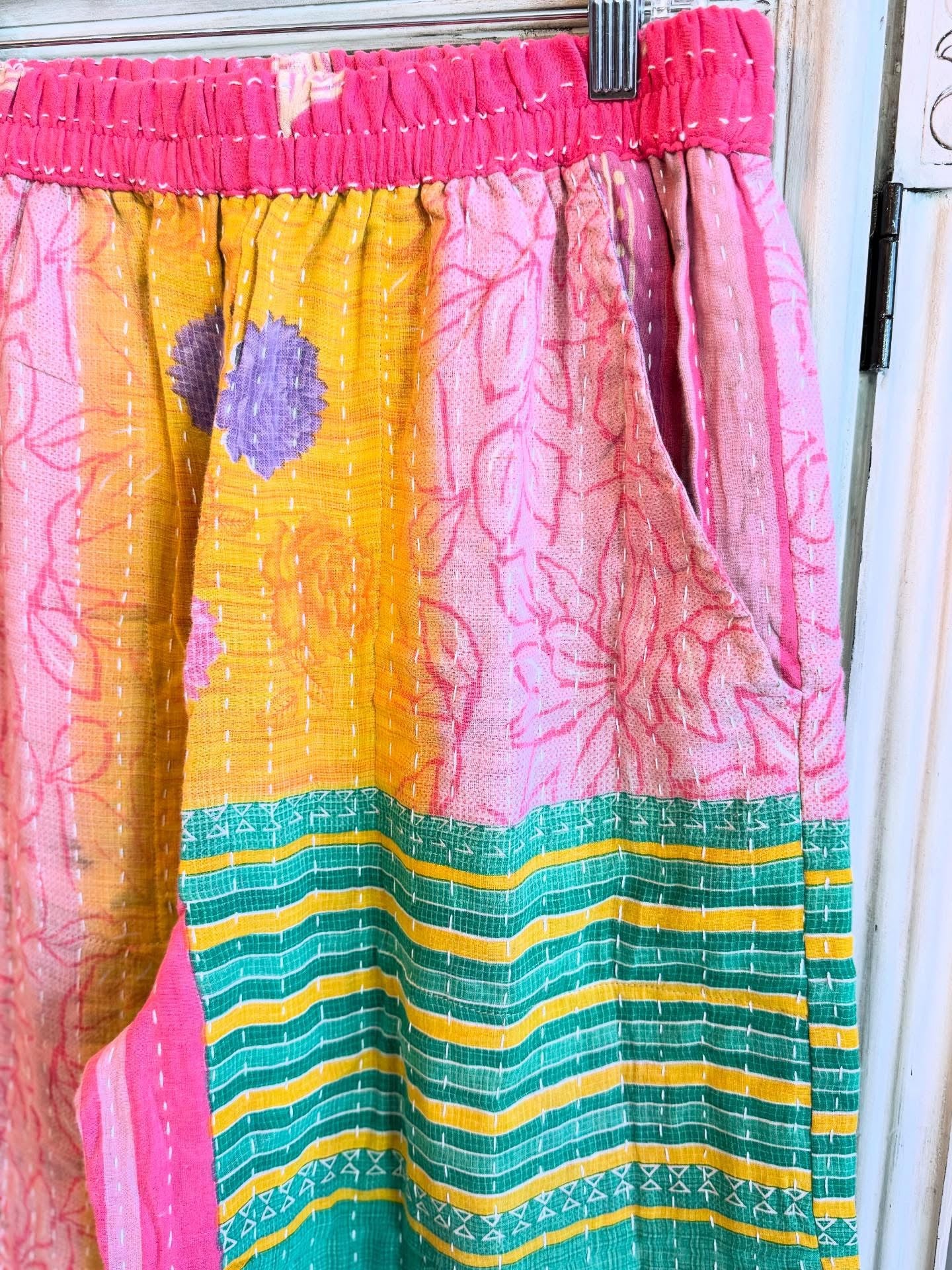 Rose Garden – Handmade Kantha Cotton Pants | Wide Leg Boho Trousers
