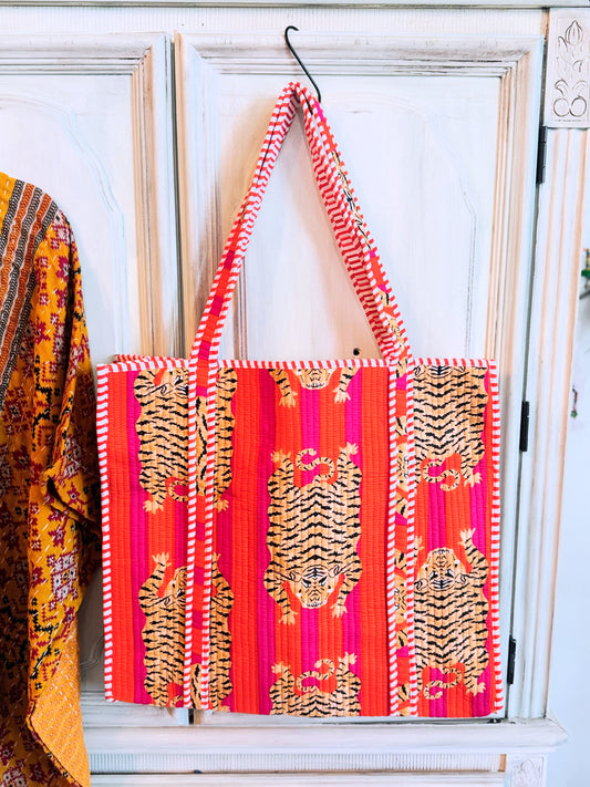 Saffron Tiger Flame Quilted Tote – Orange Tiger Print Cotton Tote Bag, Hand Block Printed, Large Reversible Shopper with Pocket