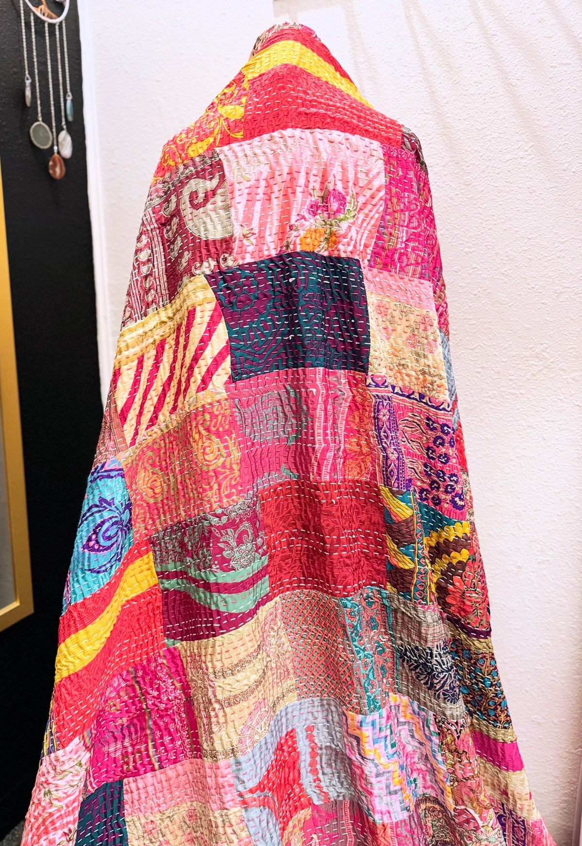 Silk Patchwork Kantha Quilt - Pink- Handmade | Silk | Cotton | Queen | King