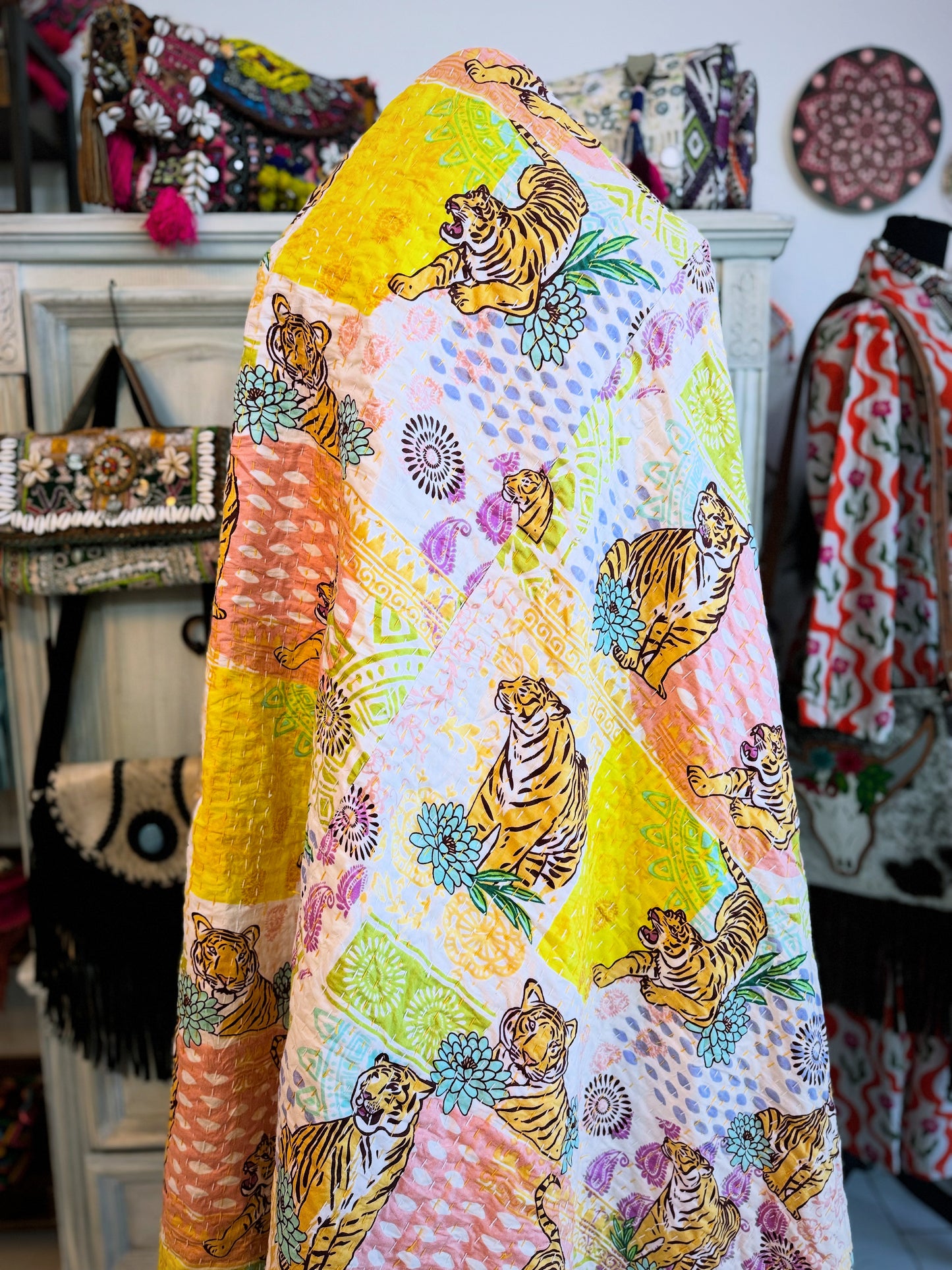 Tiger Print Kantha Quilt | Cotton Lightweight Blanket | Throw/Twin Size