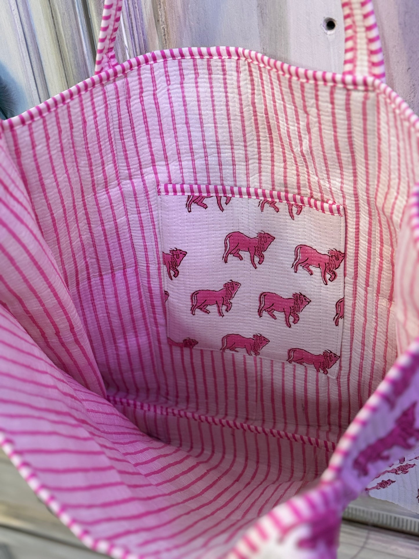 Pink Pasture Tote – Handmade Quilted Cotton Bag | Cow Print Block Print Tote