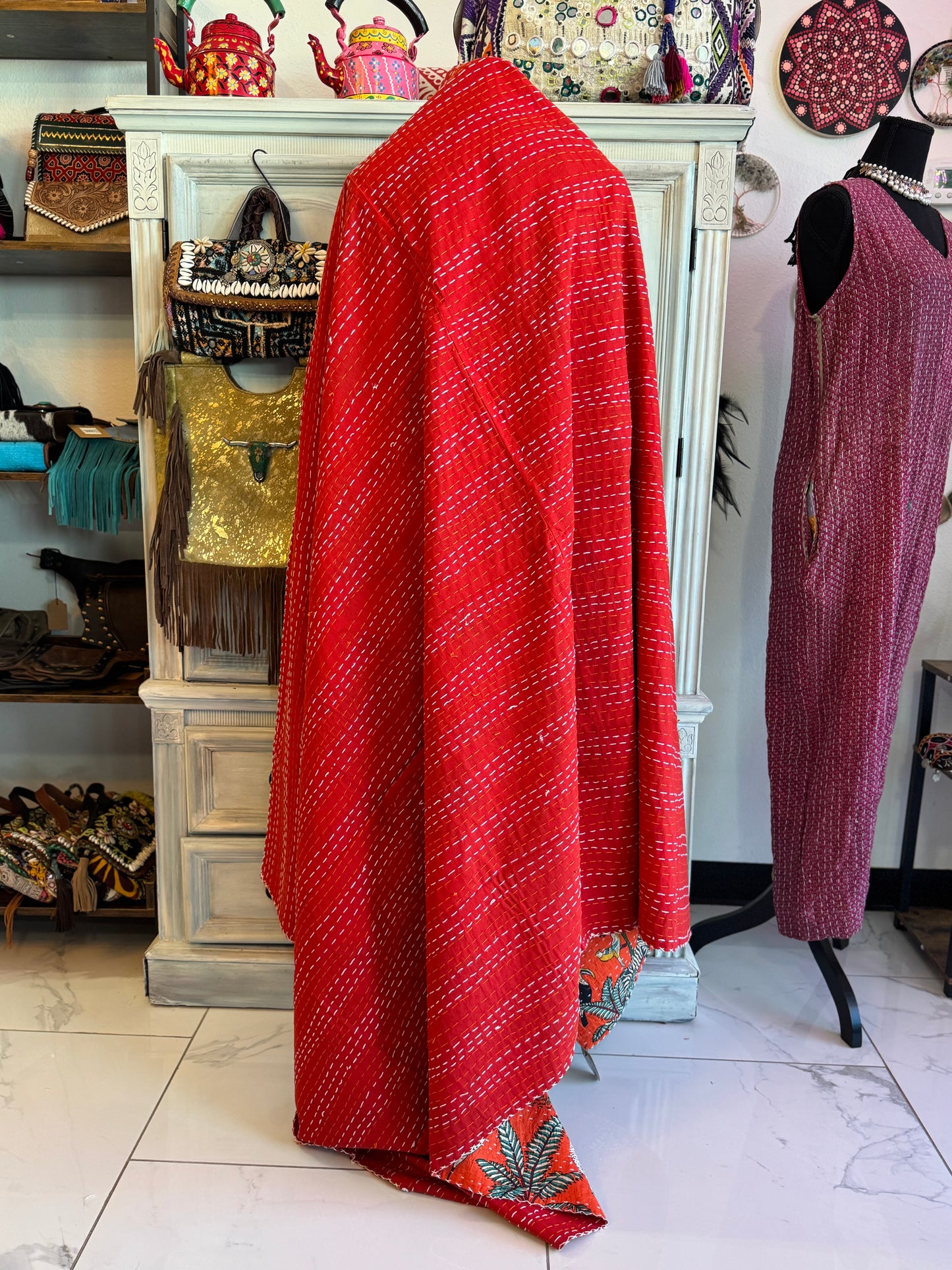 Jungle Print- Orange- Handblock Printed Kantha Quilt | Cotton | Handmade