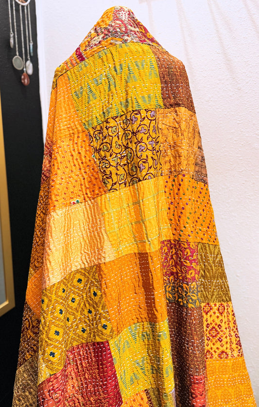 Silk Patchwork Kantha - Yellow- Queen/ King