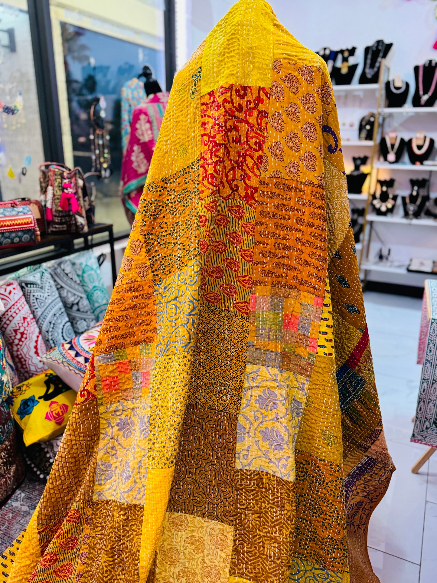 Silk Patchwork Kantha - Yellow- Queen/ King