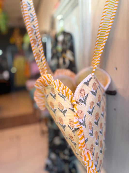 Golden Bloom Heart Tote – Handmade Quilted Cotton Bag with Zipper & Frill Detail | Spring Gift