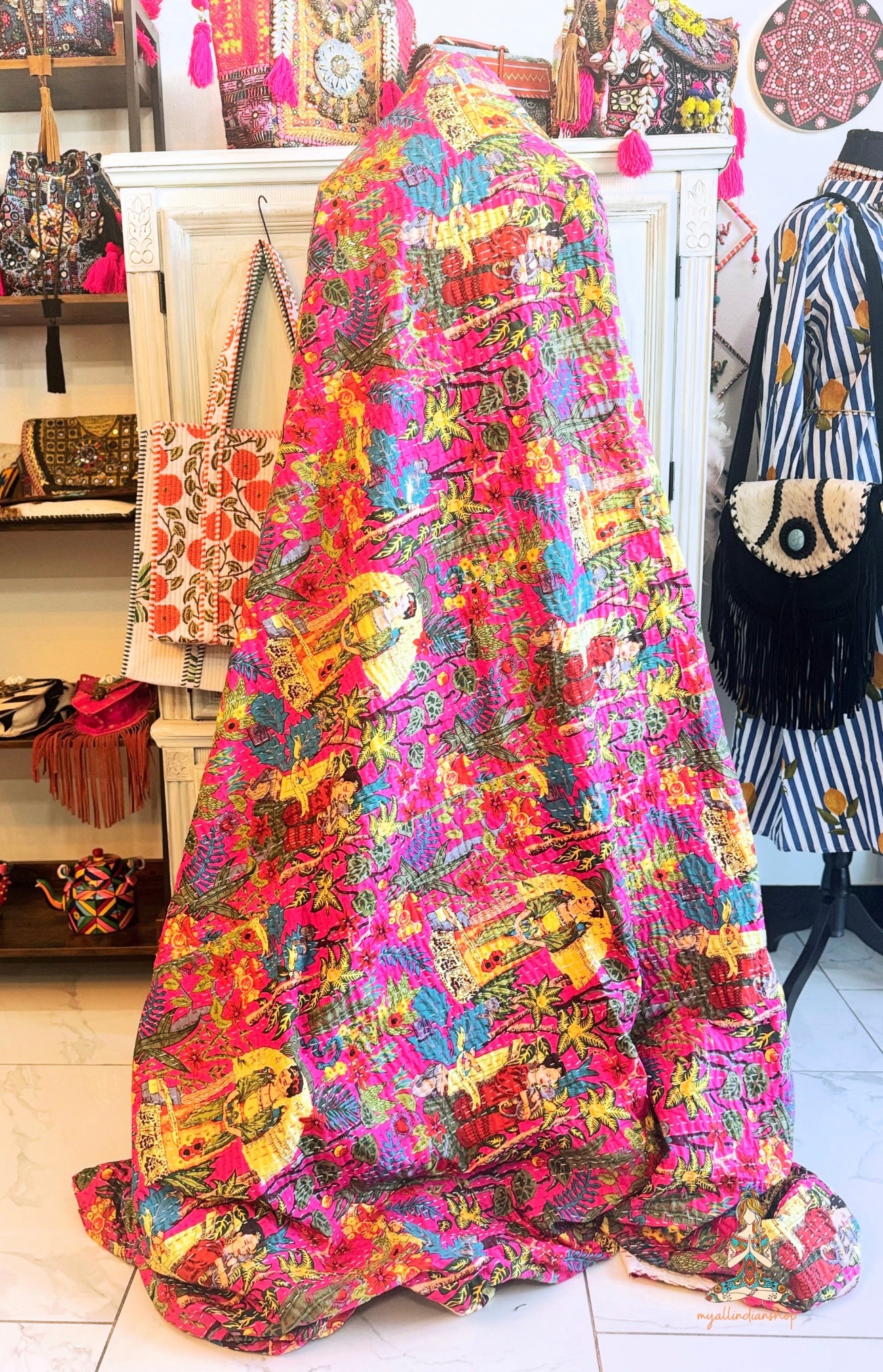 Frida in the Jungle - Hot Pink| Hand Block Printed Kantha Quilt | 100% Cotton | Handmade | 90x100”
