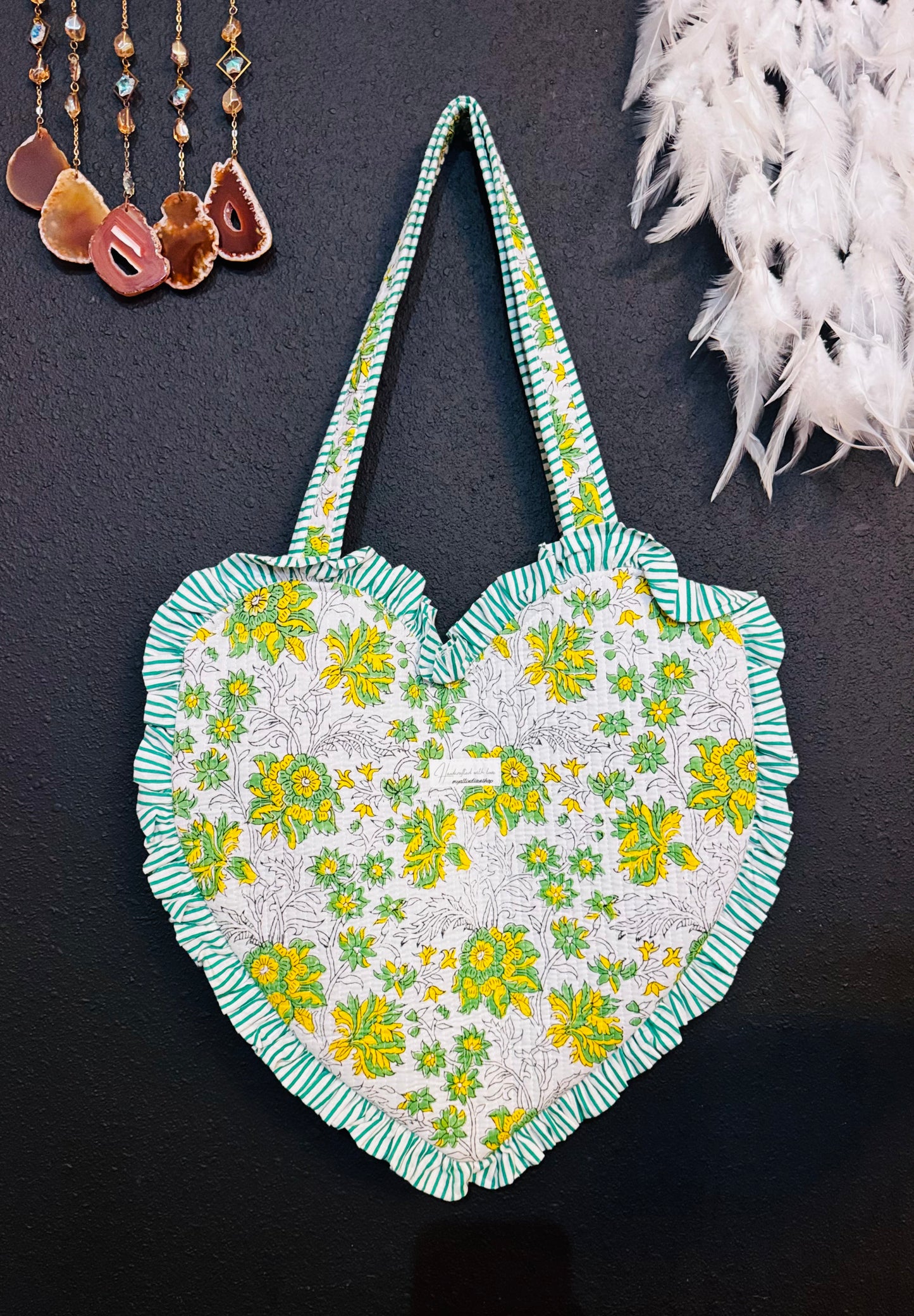 Heart-Shaped Quilted Tote Bag | Hand Block-Printed 100% Cotton | Handmade Zipper Tote