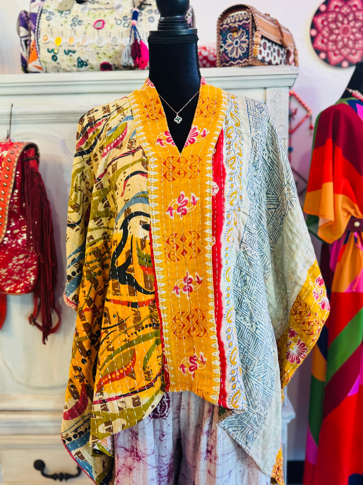 Handmade Kantha Poncho – Desert Muse | Unisex | 100% Cotton Boho Top