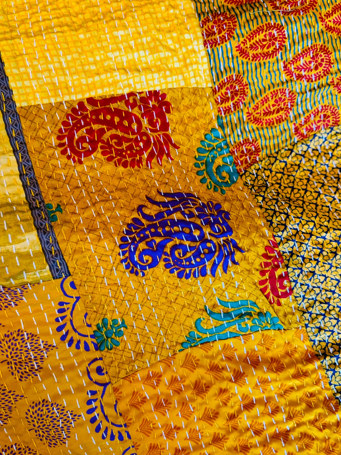 Silk Patchwork Kantha - Yellow- Queen/ King