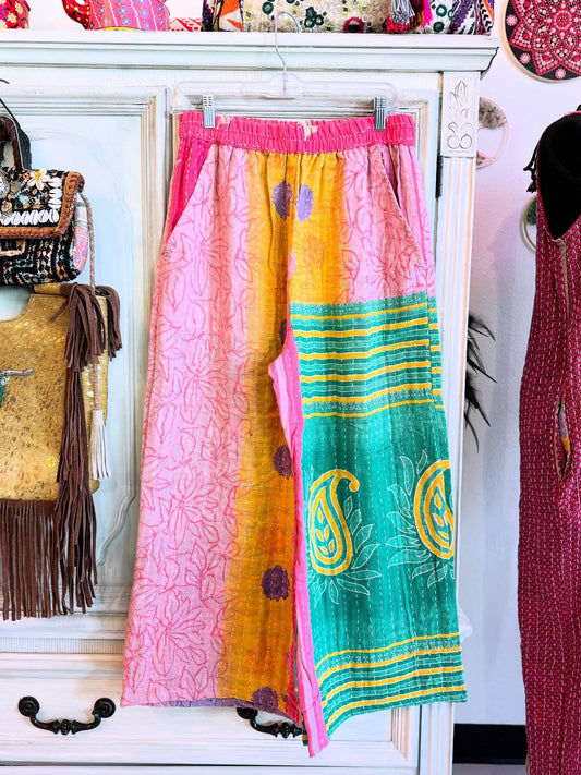 Rose Garden – Handmade Kantha Cotton Pants | Wide Leg Boho Trousers