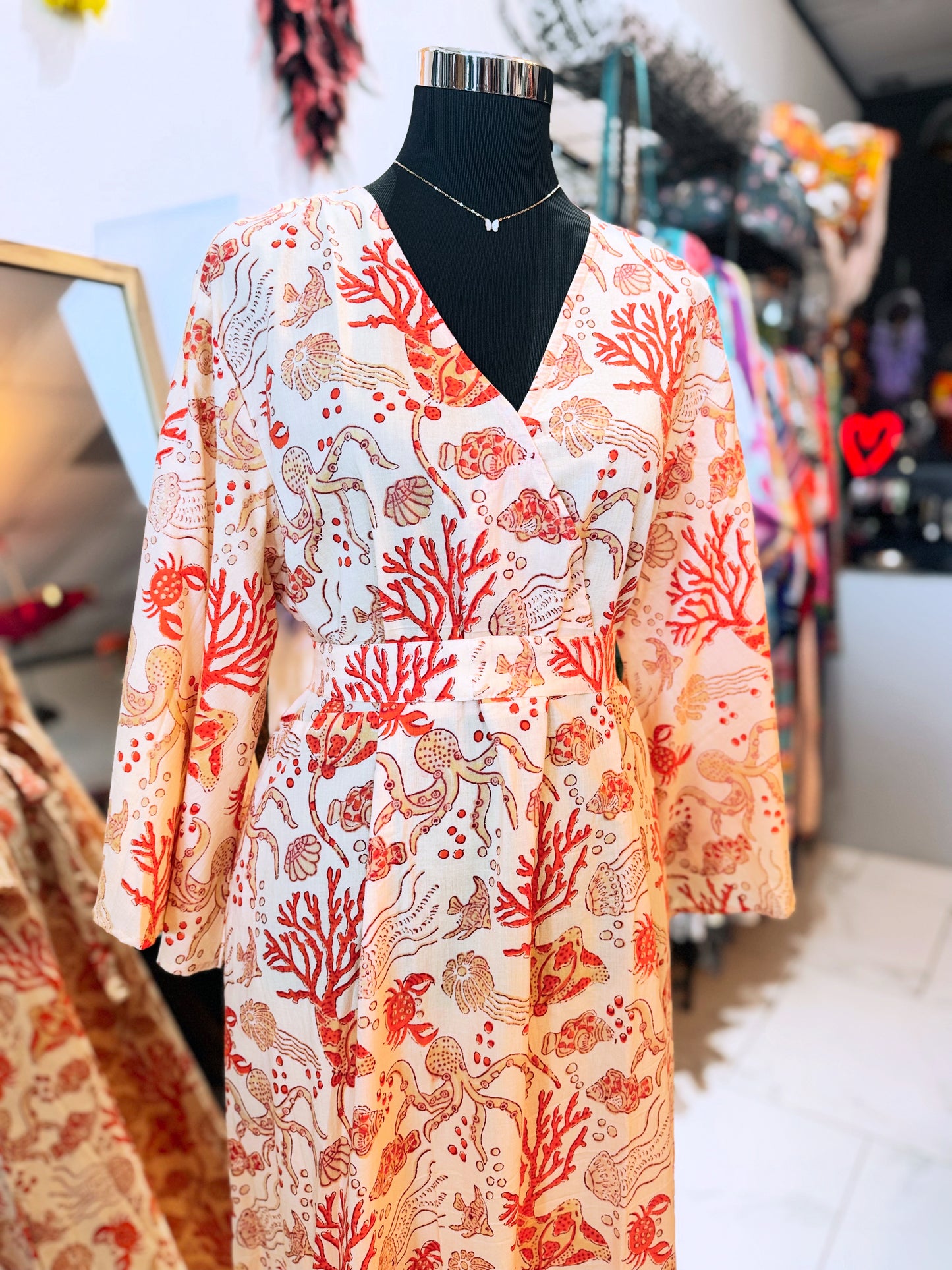 Coral Muse – Handmade Cotton Dress with Belt & Pockets (Medium) | Coastal Statement Dress