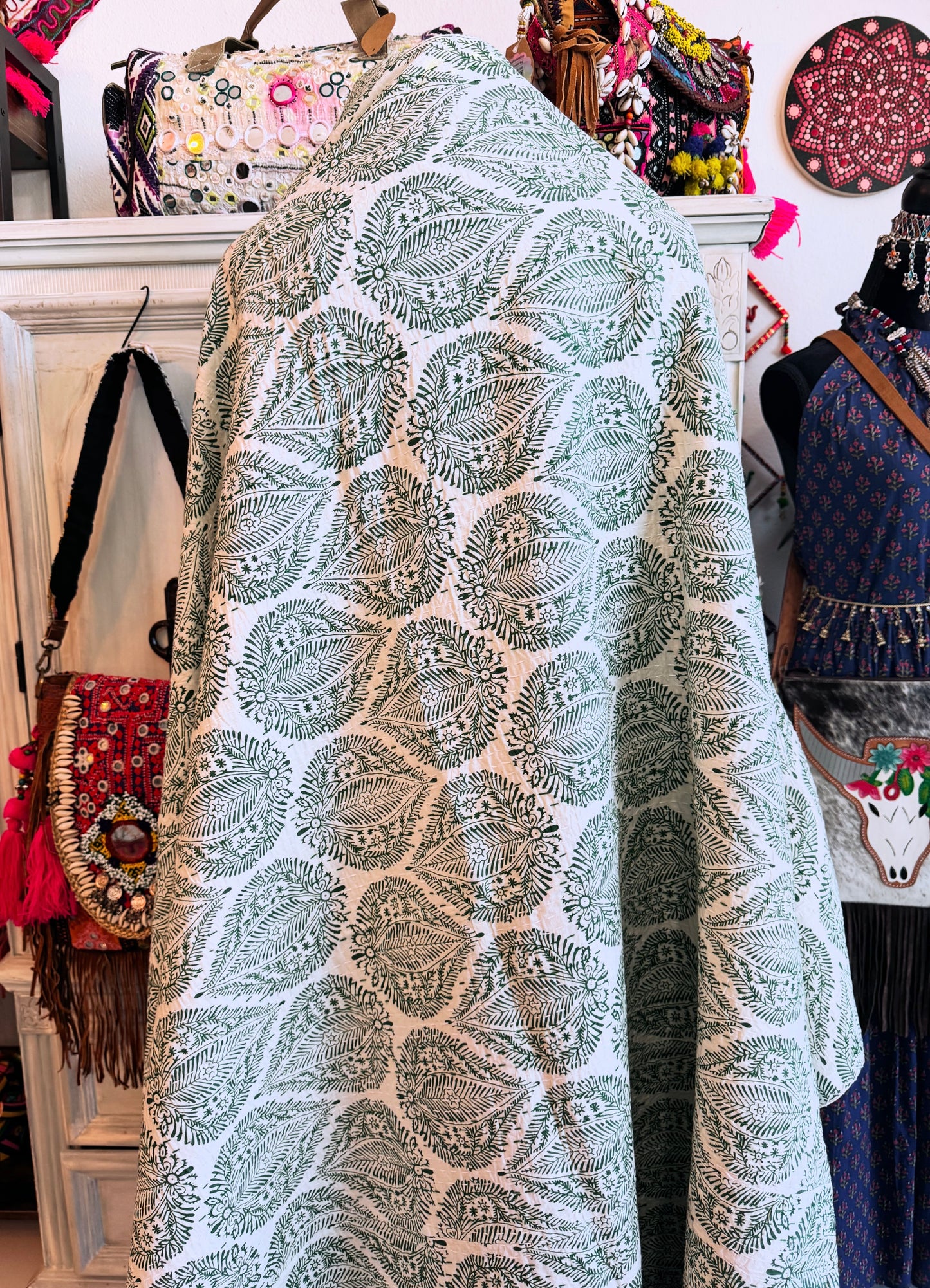 Green Leaf Kantha Quilt | Cotton Lightweight Blanket | Throw/ Twin Size