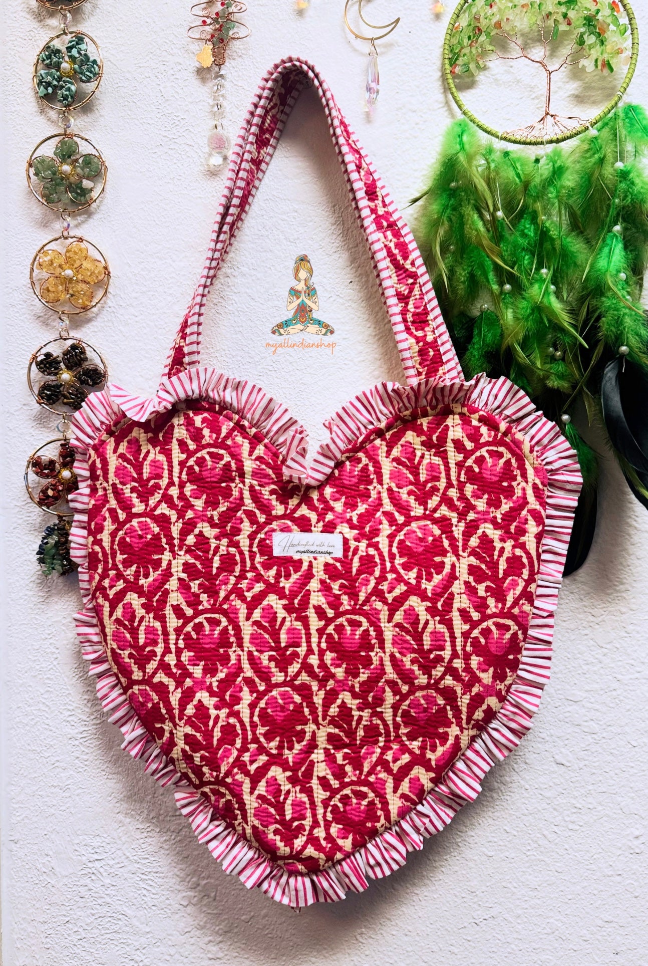 Heart-Shaped Quilted Tote Bag | Hand Block-Printed 100% Cotton | Handmade Zipper Tote