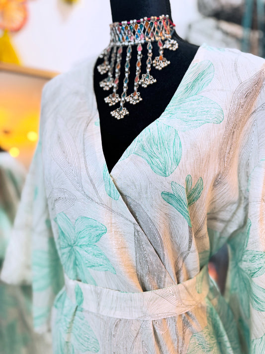 Mint Whisper – Handmade Cotton Wrap Midi Dress with Belt & Pockets (Medium) | Soft Boho Summer Dress