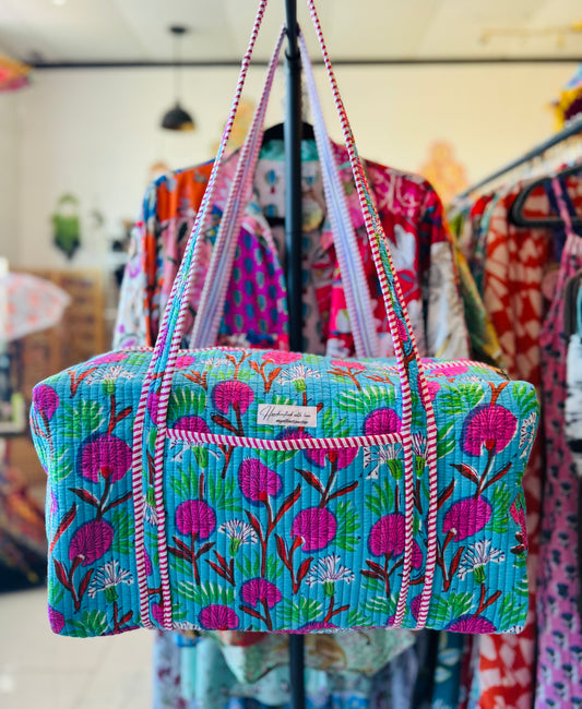Handmade Quilted Weekender Bag – Blue Floral Print Travel Duffel