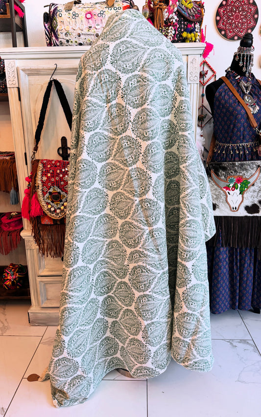 Green Leaf Kantha Quilt | Cotton Lightweight Blanket | Throw/ Twin Size