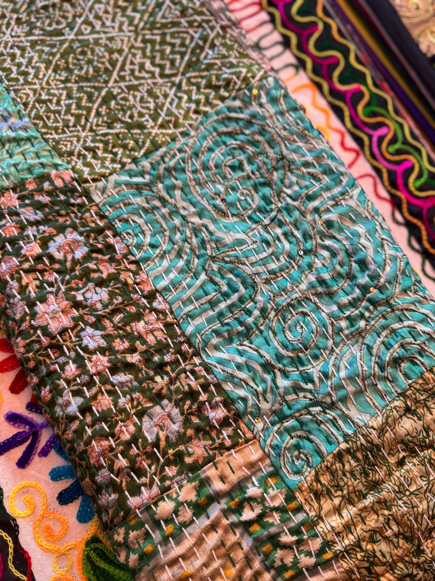 Silk Patchwork Kantha - Green-Queen/ King