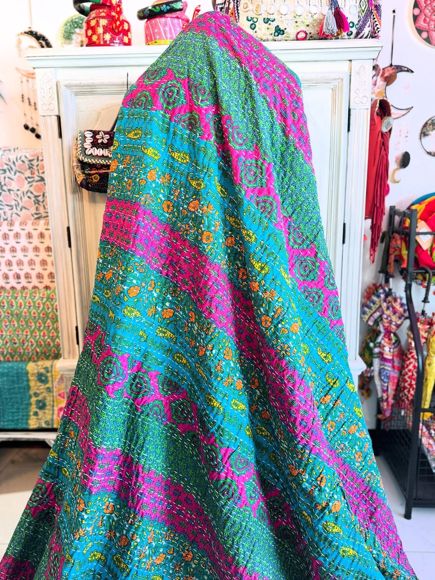 Colorblock Harmony – Handblock Printed Kantha Quilt – 100% Cotton | Handmade