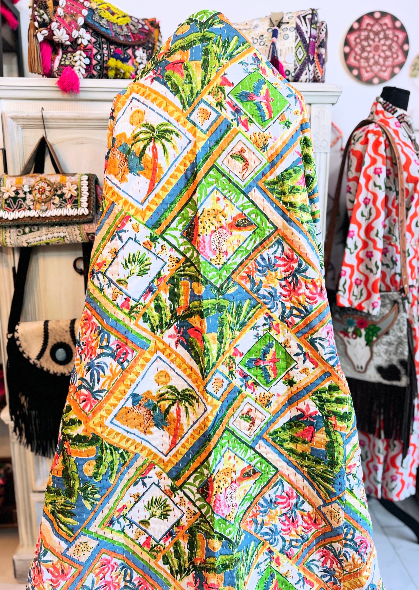 Safari Diamond Kantha Quilt | Cotton Lightweight Blanket | Throw/Twin Size
