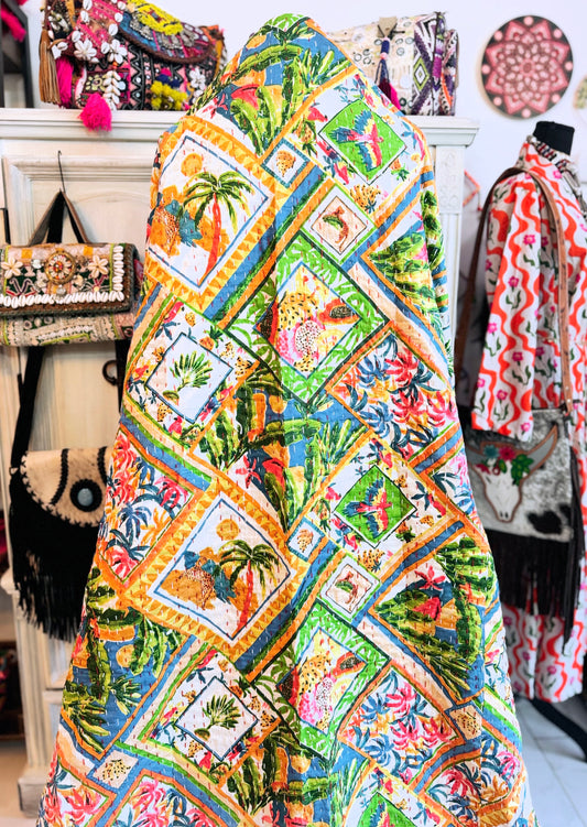 Safari Diamond Kantha Quilt | Cotton Lightweight Blanket | Throw/Twin Size