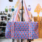 Blue Floral Quilted Duffel Bag – Handmade Block Print Weekender Cotton Travel Bag