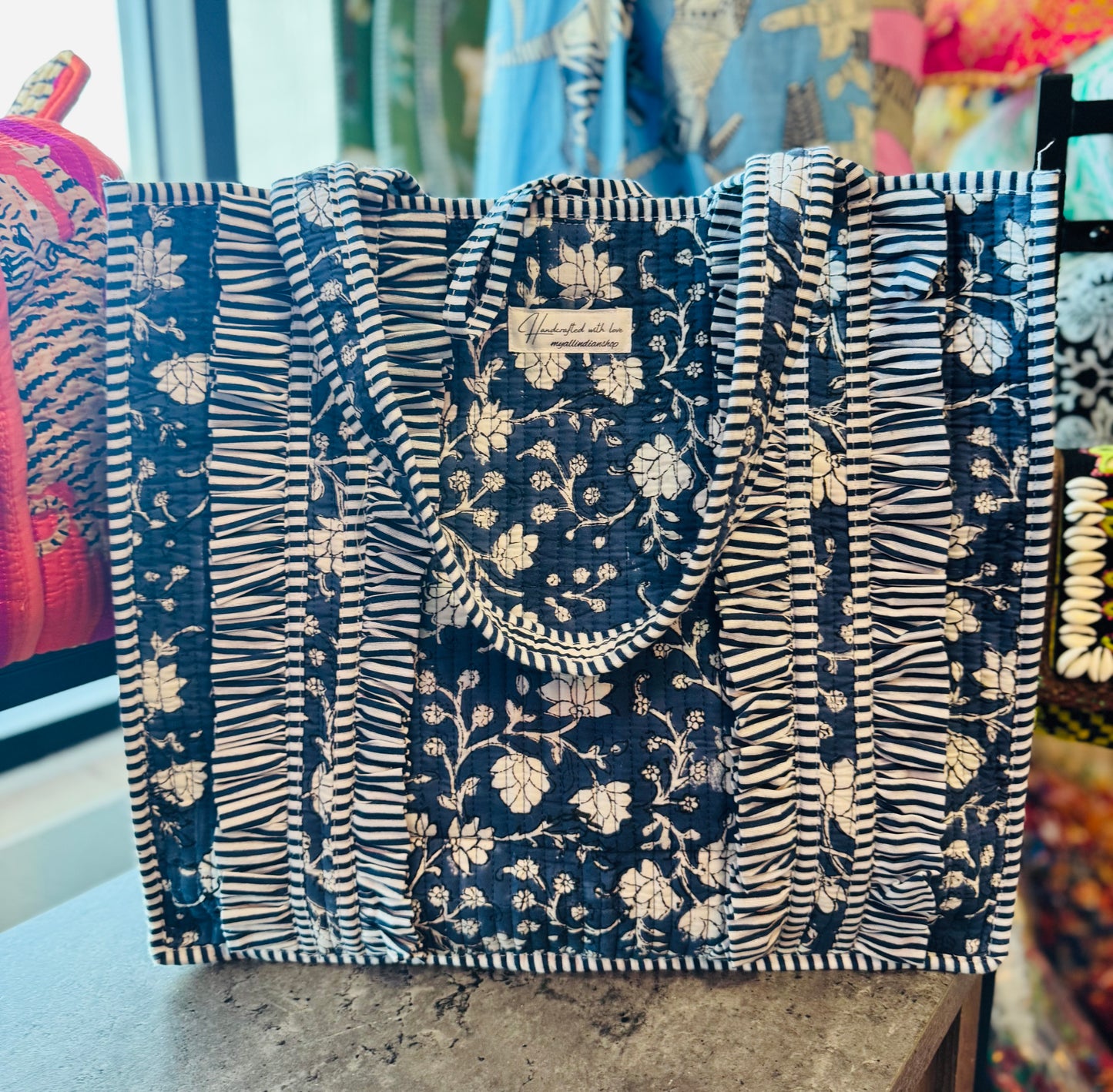 Indigo Garden Tote – Handmade Quilted Cotton Bag | Blue Floral Everyday Tote