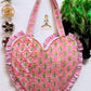 Heart Quilted Tote- Orange Flowers - Zipper - Pocket