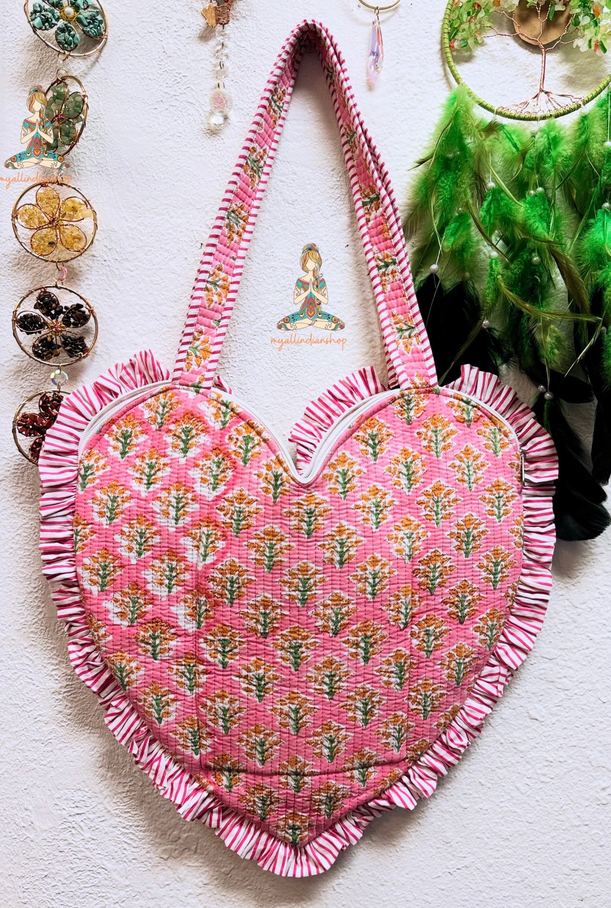 Heart Quilted Tote- Orange Flowers - Zipper - Pocket