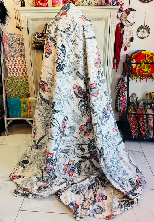 Owl Family – Handblock Printed Kantha Quilt – 100% Cotton | Handmade