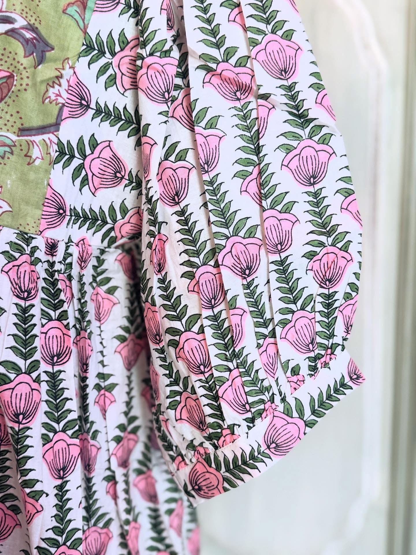 Olive Petal - Mixed Print Cotton Dress - Pink and Olive Tones