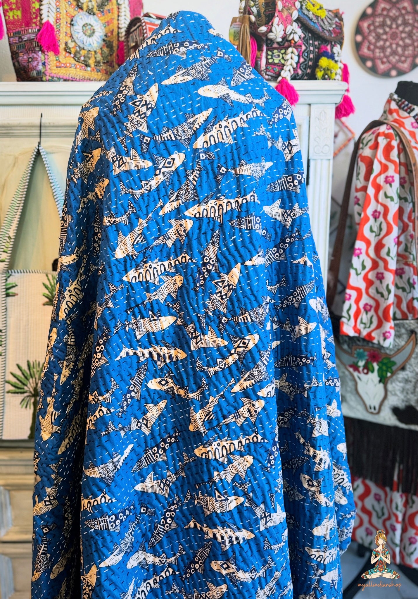 Indigo Shark Print Kantha Quilt | Cotton Lightweight Blanket | Throw/Twin Size