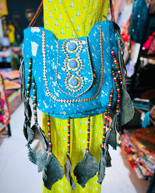 Cowhide Leather Crossbody Bag – Red Desert Boho Fringe Purse with Turquoise Stones