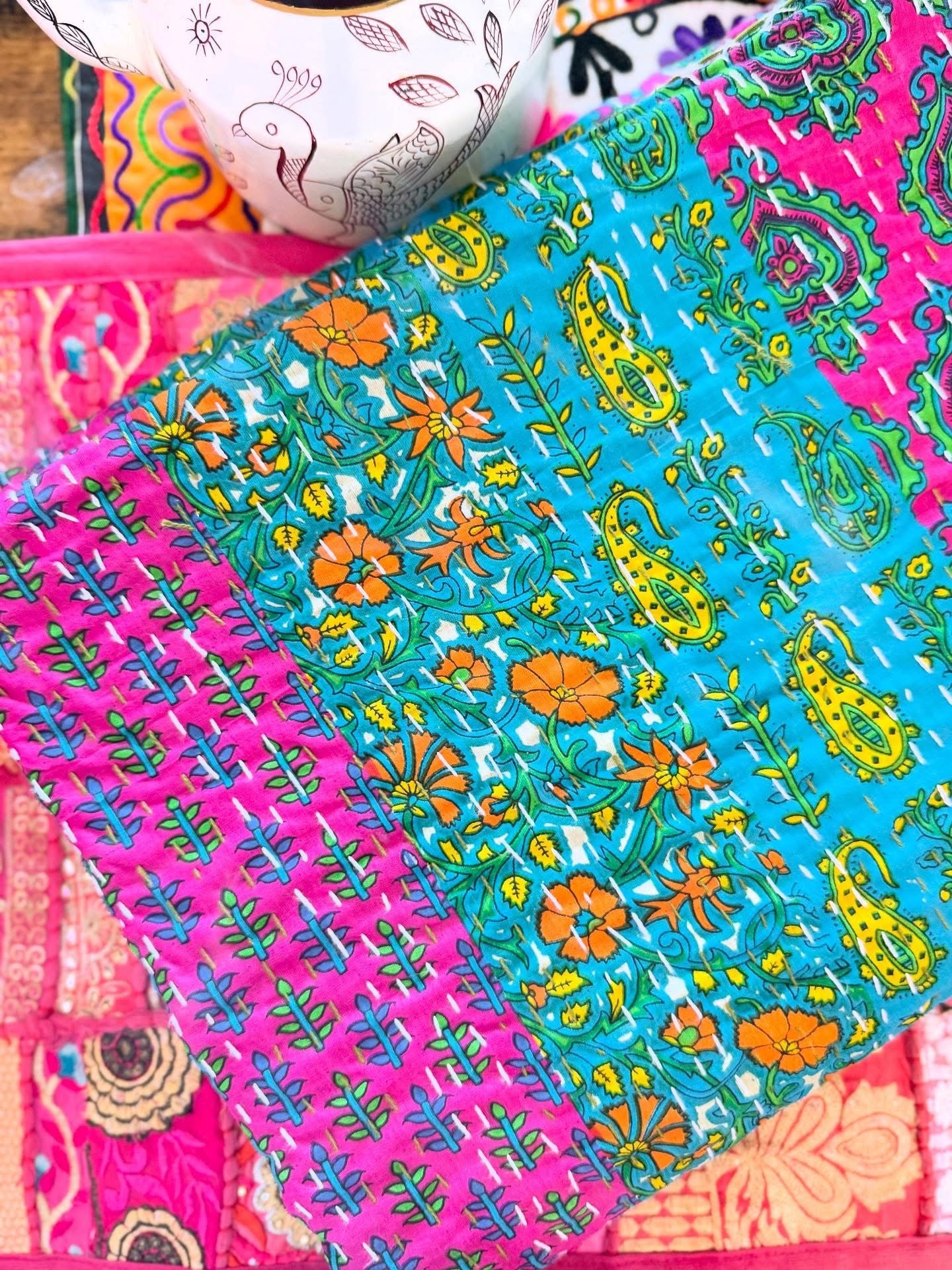 Colorblock Harmony – Handblock Printed Kantha Quilt – 100% Cotton | Handmade