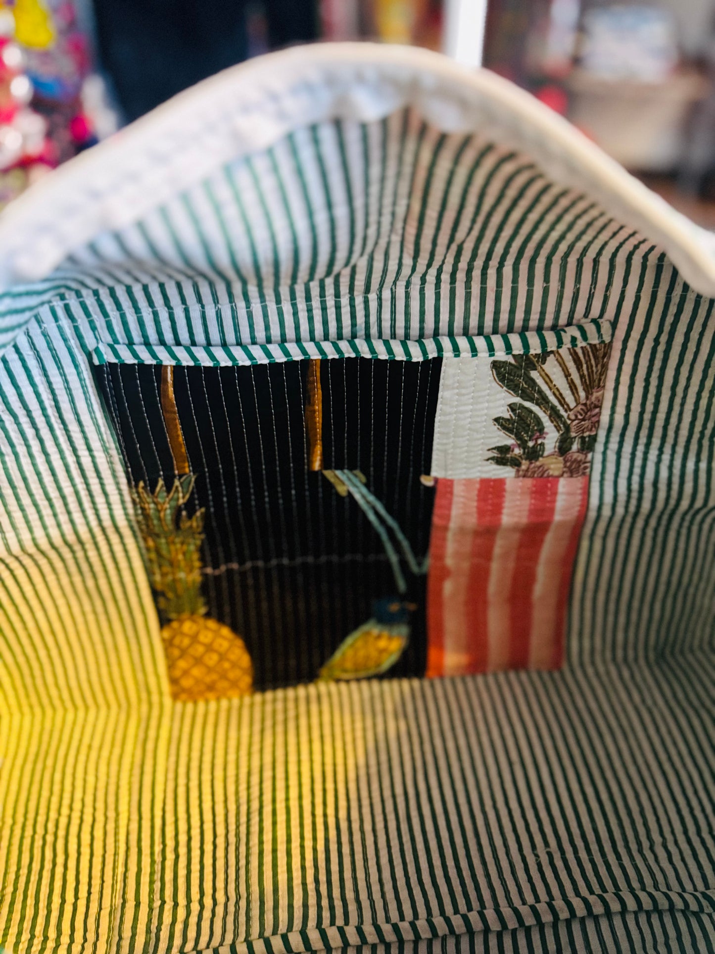 Tropical Palm Patchwork Quilted Duffel Bag – Handmade Botanical Block Print Cotton Weekender Bag