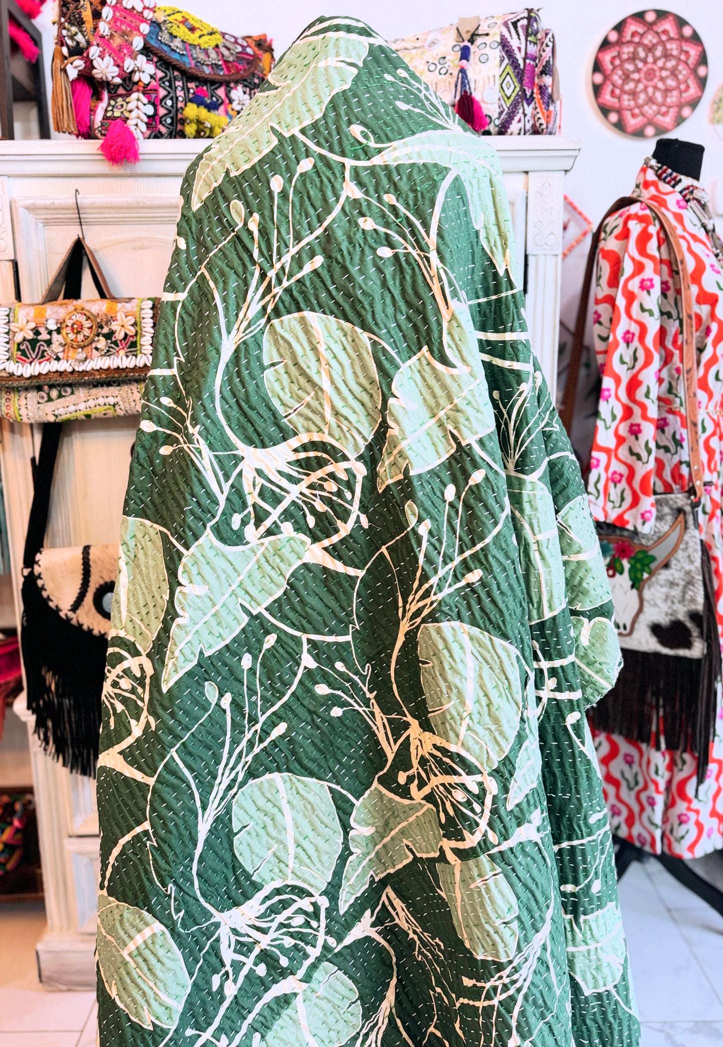 Sage Green Leaf Print Kantha Quilt | Cotton Lightweight Blanket | Throw/Twin Size
