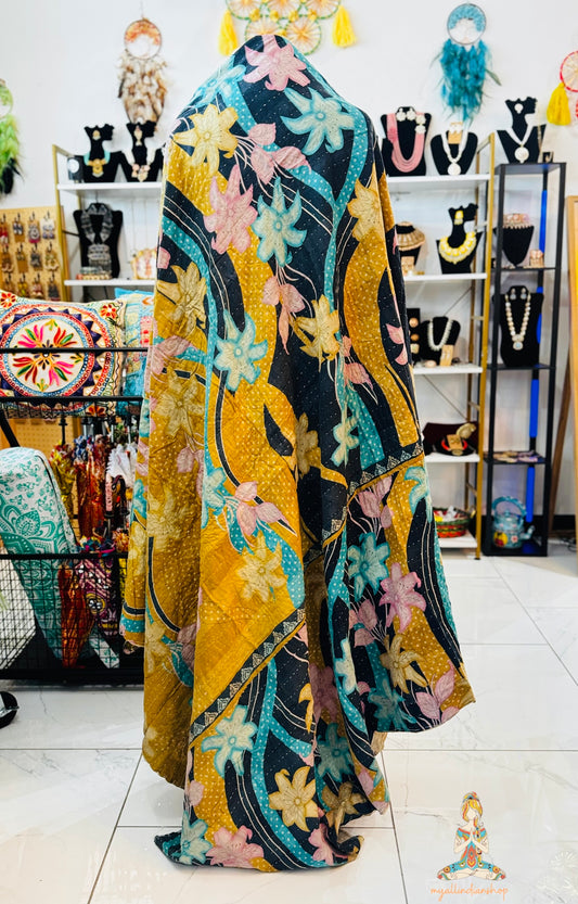 Blue and Pink Floral Saree Kantha Quilt – Twin Size - Throw Blanket