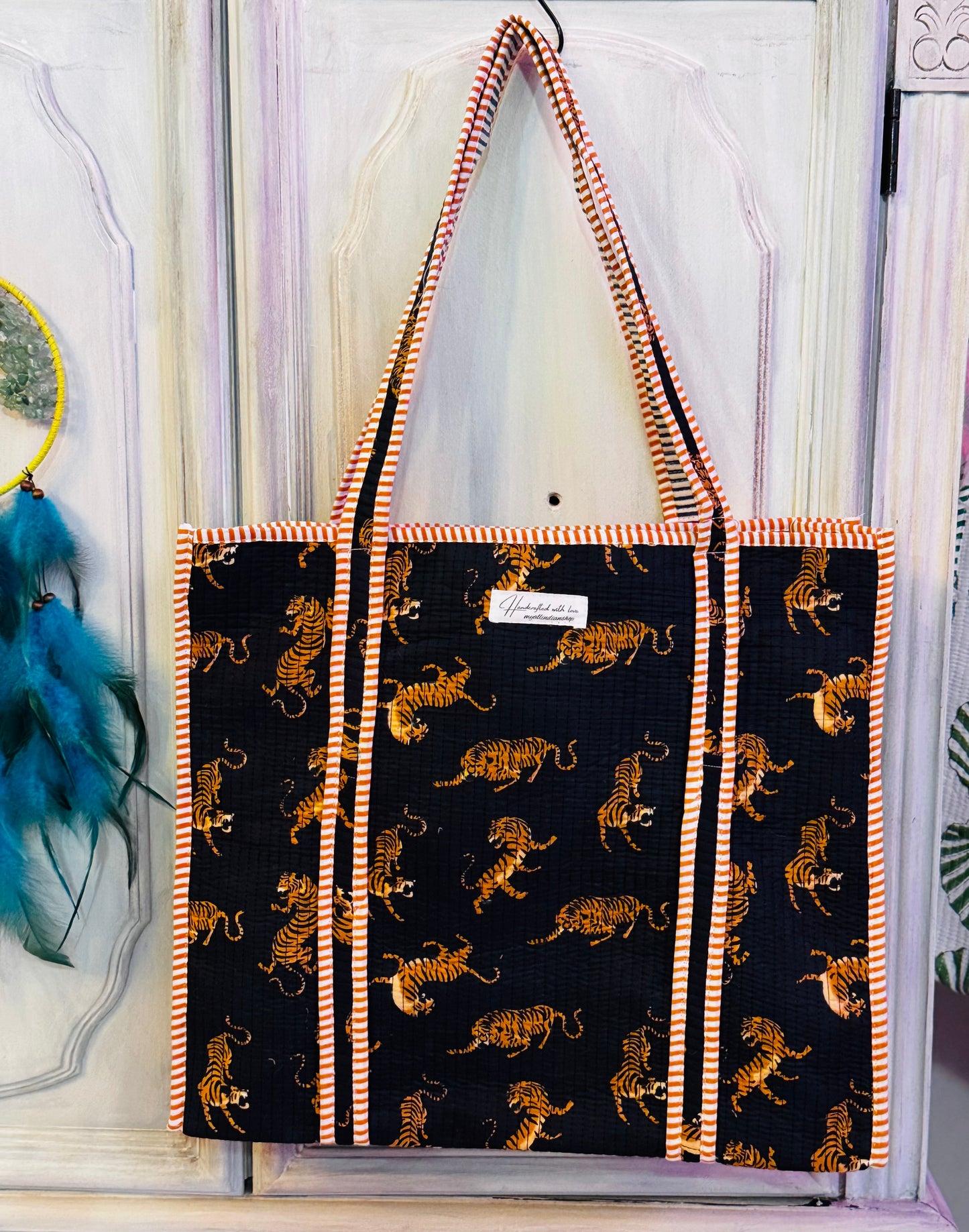 Handmade Quilted Tiger Tote – Unique Cotton Bag | Bold & Artistic